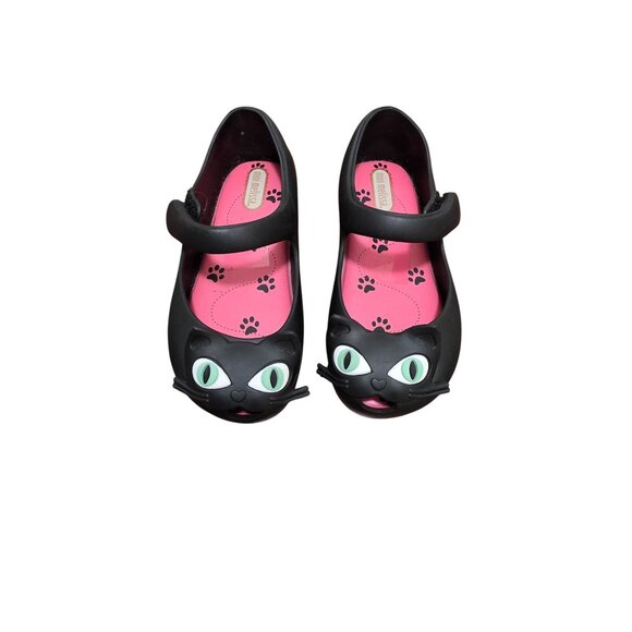 Mini Melissa Girls Black Cat Mary Jane Shoes With Pink Paw Print Insole Size 9 - Picture 1 of 9